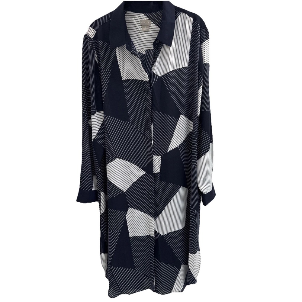 Chicos Tunic Top size 3 (16/18) Button Up Geometric Navy Lightweight Work Chic